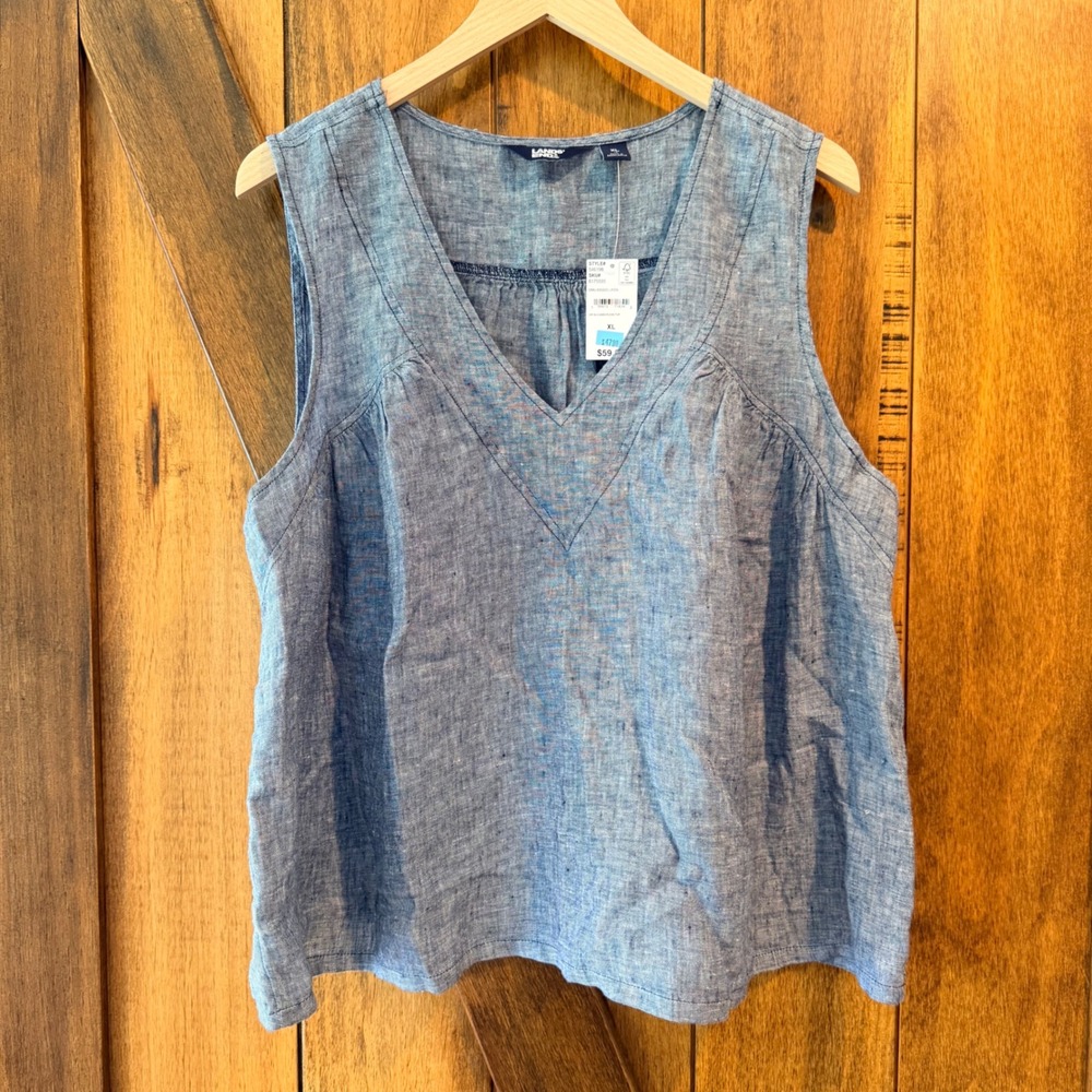 Lands End Sleeveless 100% Linen Top XL Indigo Blue V-Neck Coastal Boho NWT - Picture 1 of 7